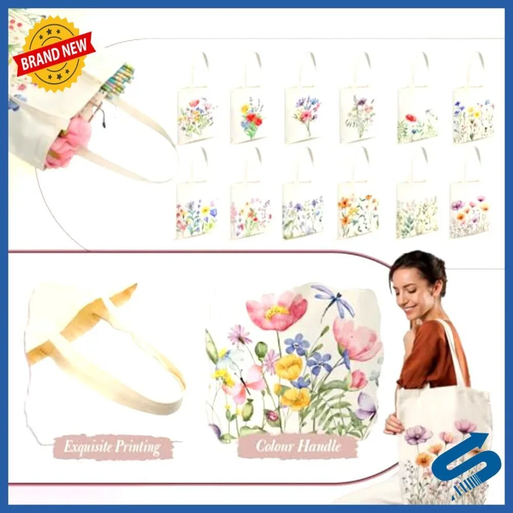 Canvas Tote Bags Set Reusable Grocery Shopping Beach Travel Boho